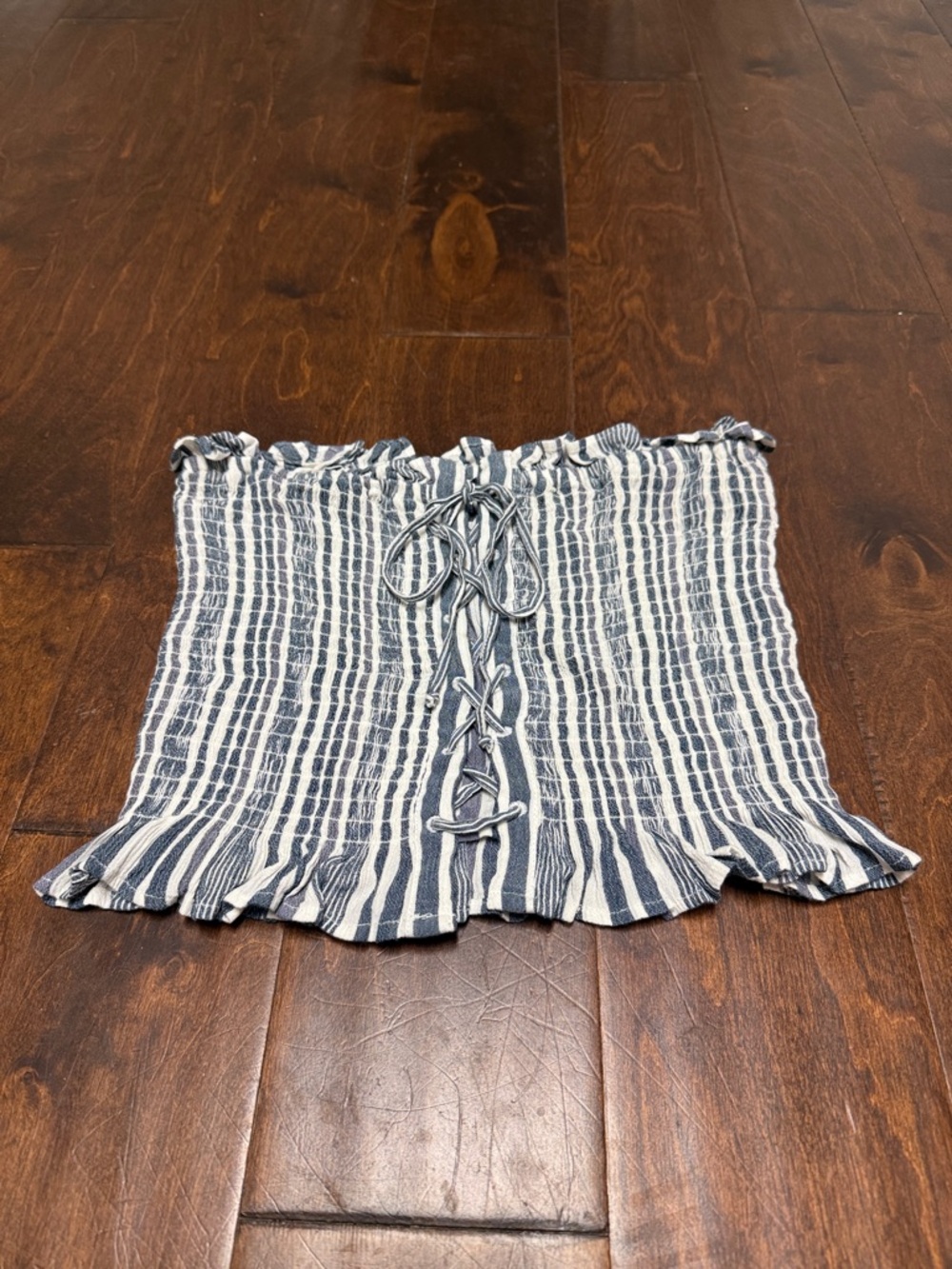 American Eagle Outfitters Navy and White Smocked Lace-Up Crop Top